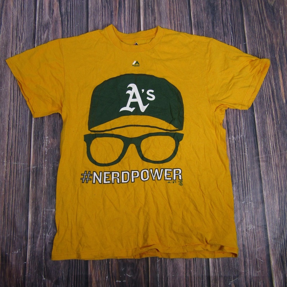 Oakland Athletics Shirt Mens Large MLB Baseball #NerdPower Graphic Tee‎ Majestic